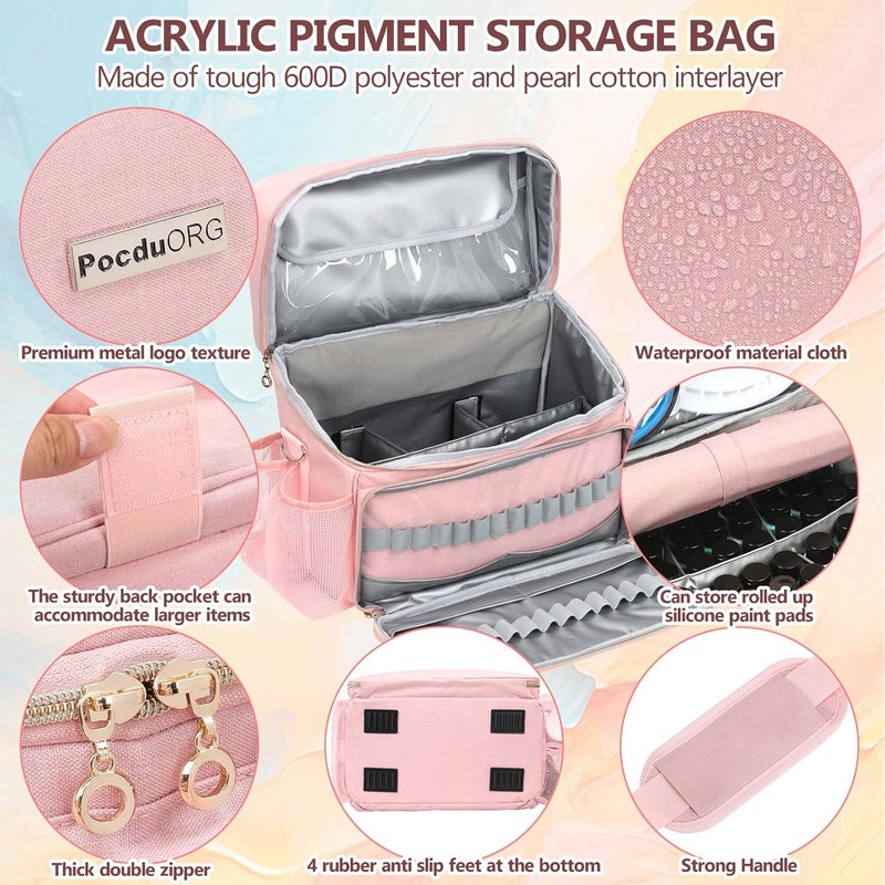 POCDUORG Store Acrylic Paint and Brush Set Organizer Bag - Carrying Case Compatible with Apple Barrel, Shuttle Art, Caliart Art Supplies - Includes Detachable Paint Brush Holder - for Home/Travel/Outdoor (Pro Pink) - Image 2